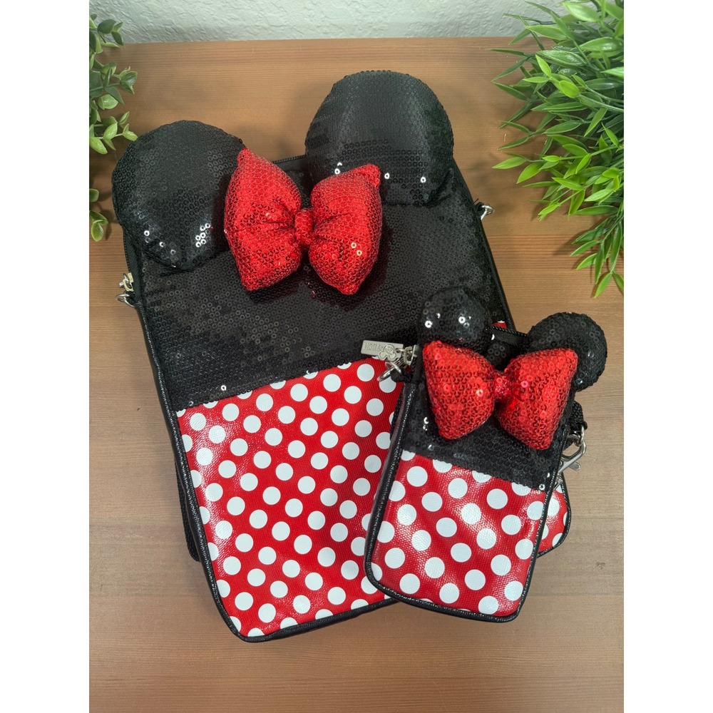 Disney Parks Women Minnie Mouse Red Polka Dot Sequin Tech Crossbody Bag Set